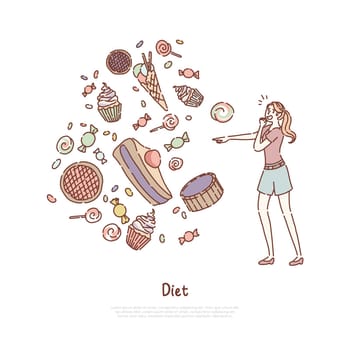 Young woman afraid of high calorie products, sweet dessert follows girl, pressure, stress, fast food banner. Healthy nutrition, diet nightmare concept cartoon sketch. Flat vector illustration