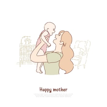 Happy mother holding newborn child, cheerful lady playing with toddler, female happiness, babysitting, parenting banner. Woman on maternity leave concept cartoon sketch. Flat vector illustration