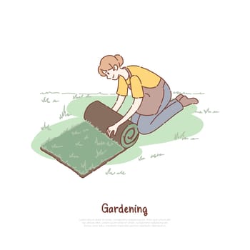 Female gardener in apron, young woman with fresh green roll, lawn installation, landscaping, gardening banner. Woman unrolling artificial grass concept cartoon sketch. Flat vector illustration