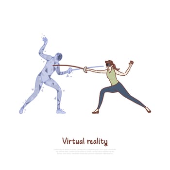 Swordplay simulation, woman in AR headset, fencer hologram holding epee, fighting game, virtual reality banner. VR fencing training, sword duel concept cartoon sketch. Flat vector illustration