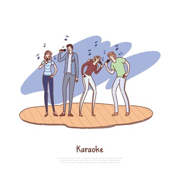 Young friends having fun together, happy men and women holding microphones, musical performance, karaoke concert banner. Quartet band, group singing concept cartoon sketch. Flat vector illustration