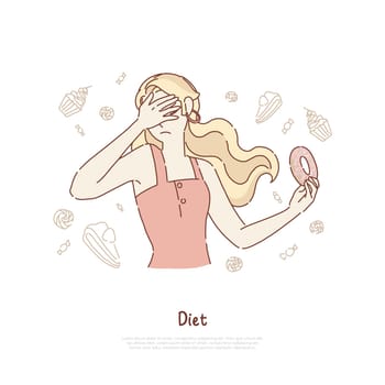 Young woman covers face, girl holding delicious doughnut, junk food refusing, willpower test, diet banner. Self restraint from unhealthy products concept cartoon sketch. Flat vector illustration