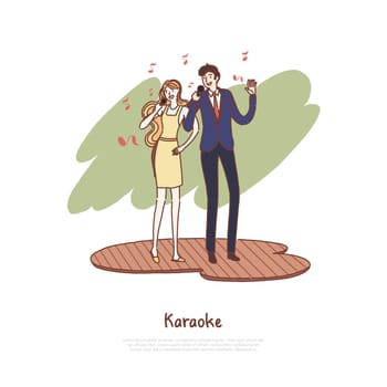 Happy man and woman holding microphones, husband and wife singing duet, musical leisure, date at karaoke club banner. Couple stage performance concept cartoon sketch. Flat vector illustration