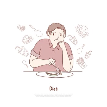 Unhappy obese man eating beans, dreaming about delicious hamburgers and fries, weight loss, healthy nutrition banner. Diet, unhealthy food restriction concept cartoon sketch. Flat vector illustration