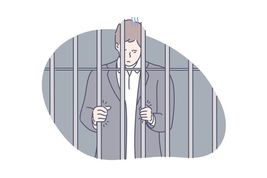Jail, prisoner, fraud concept. Young unhappy man was sentenced to jail for fraud. Sad prisoner demands to let him out. Businesman made crime and was locked up in prison. Simple flat vector