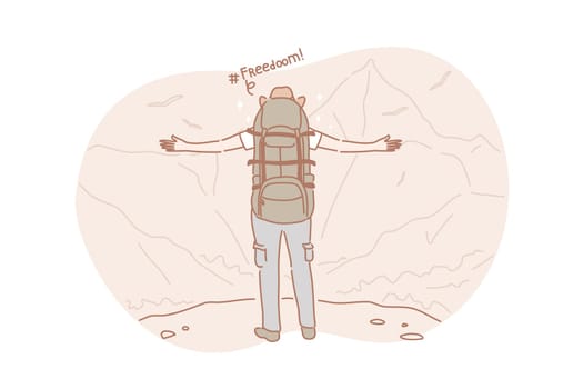 Freedom, travel, hiking concept. Active adventurous man with backpack, boy hiker traveller or explorer standing on top of mountain or cliff, feeling freedom and looking on valley. Simple flat vector