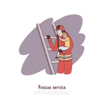 Courageous fireman climbing ladder, fire extinguisher helping little scared boy, firefighting service banner. Firefighter with kid on staircase concept cartoon sketch. Flat vector illustration