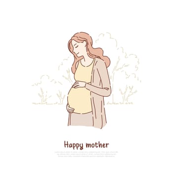 Happy pregnant, expectant woman, smiling lady awaiting baby, feminine happiness, new life, childbirth, pregnancy banner. Young mother expecting child concept cartoon sketch. Flat vector illustration