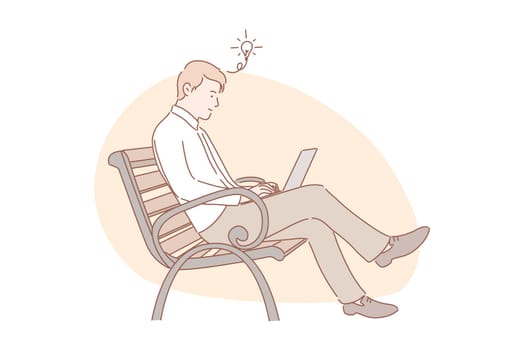 Idea, freelance, remote working concept. Young cheerful man does remote working on laptop. Happy boy got idea, while studying online and sitting on bench. Freelance is profitable business.