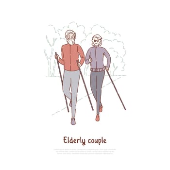 Elderly couple on stroll, fitness, sport exercise, married seniors pair outdoor recreation, active retirement banner. Healthy lifestyle, nordic walk concept cartoon sketch. Flat vector illustration