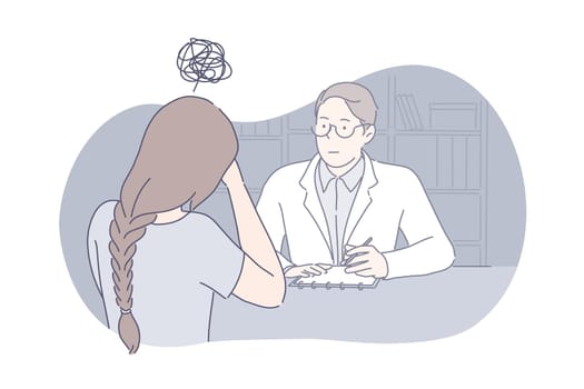 Depression, stress, frustration concept. Stressful woman has doctors appointment. Attentive psychotherapist listens to frustrated girls problem. Depression raises stress level. Simple flat vector