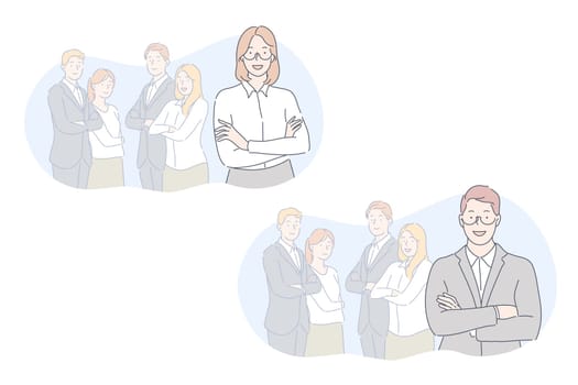 Team, leader, coworking set concept. Businessman and businesswoman leaders are standing in front of team. Boy and girl took leadership over employees. Business people do coworking with teammates.