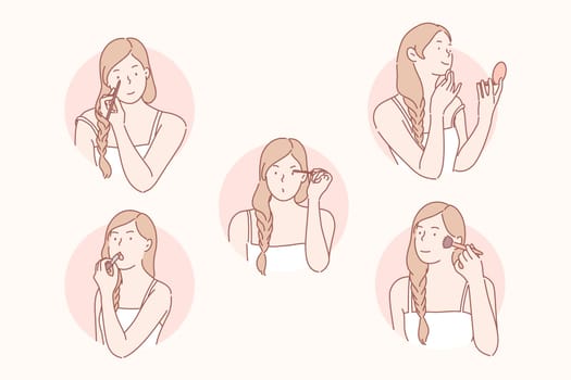 Makeup, beauty, cosmetology set concept. Young woman prepares for date and wants to look beautiful. Girl does makeup and uses cosmetics eyeliner, mascara, lipstick, powder, sponge. Simple flat vector