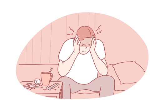 Migraine, headache, desease concept. Young man has headache and suffers from pain. Migraine is symptom of hangover. Unhappy boy holding his head and is in pain because of flu. Simple flat vector.