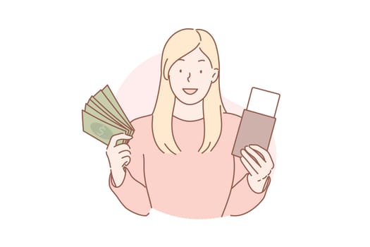 Travelling, vacation, tourism concept. Young woman tourist bought flight ticket, goes to travel abroad. Adventurous girl traveler flies with tickets to other country on vacation. Simple flat vector