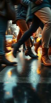 A lot of people walk along the pedestrian crossing during rush hour. High quality photo