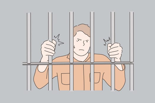 Jail, prisoner, crime concept. Young dissatisfied man was sentenced to jail for murder. Angry prisoner demands to let him out. Guy made crime and was locked up in prison. Simple flat vector
