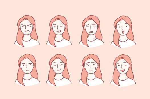 Beautiful woman portrait with different facial expressions set isolated on background. Young girl smiling, happy, kind, greeting emotion happy, anger, laugh, surprise, cheerful, angry, unhappy, joy, sad face vector character. Set of woman s emotions. Facial expression. Cartoon flat Design Isolated Vector Illustration