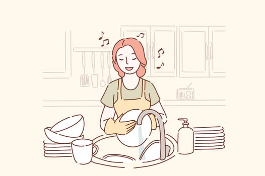 Young woman washing dishes and listening to music in the kitchen in a good mood. Cheerful girl doing cleaning and singing a song at home. Cartoon flat Design, Isolated Vector Illustration.