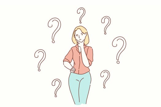 Thoughtful serious young woman looking away with hand on chin feeling doubt isolated, millennial girl with unsure face thinking of question considering uncertain about making decision on blank background. Cartoon flat Design, Isolated Vector Illustration.