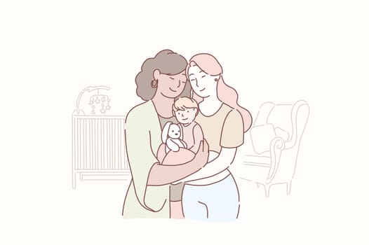 Lovely lesbian family. Two adult women and small baby standing together in the children s room at home. Wife and wife together holding infant. Gay parents with child. Homosexual couple with baby. Cartoon flat Design, Isolated Vector Illustration.