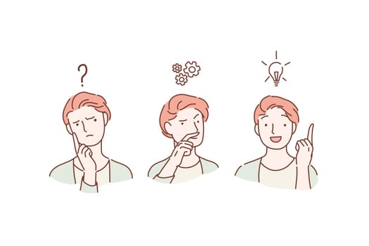 Thoughtful serious young man with hand on him feeling doubt isolated, thinks and finds a solution. Brainstorm concept. Businessman planning. Cartoon flat Design, Isolated Vector Illustration.