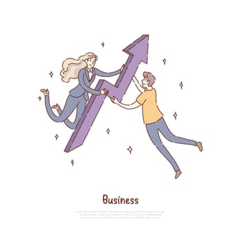 Businesswoman and man working together, career success, promotion metaphor, business partnership banner. Teamwork improvement, profit growth concept cartoon sketch. Flat vector illustration