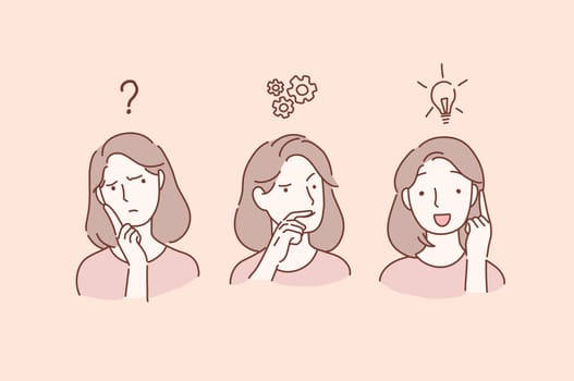 Thoughtful serious young women with hand on him feeling doubt thinks and finds a solution. Brainstorm concept. Businesswoman planning. Cartoon flat Design, Isolated Vector Illustration.
