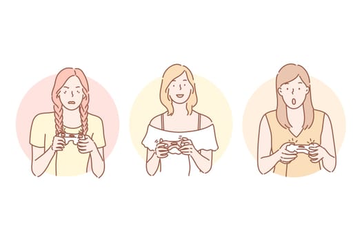 Gamer, playing, addiction set concept. Happy cheerful woman plays video games at console. Surprised girl is addicted to gaming. Angry irritated player can not complete game level. Simple flat vector