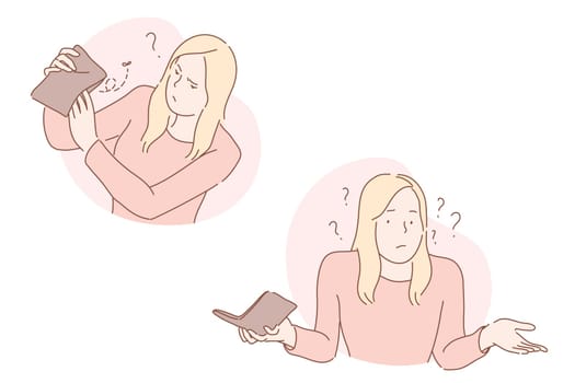 Bankruptcy, thievery, ruin set concept. Young woman has ruined with her business. Perplexed girl was robbed by thief. Businesswoman has no money and is considered as bankrupt. Simple flat vector.