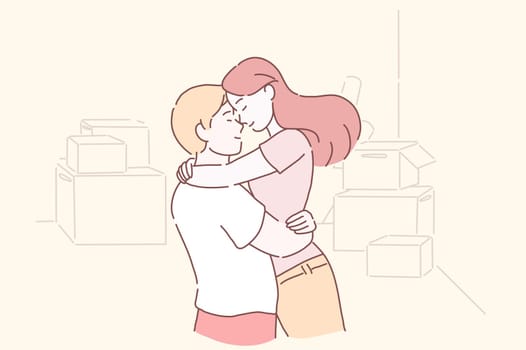 Excited couple celebrating moving day, man lifting embracing happy woman. Husband hugging delighted wife enjoying relocation starting living together. standing among the boxes happy to move into a new home. Cartoon flat Design, Isolated Vector Illustration.