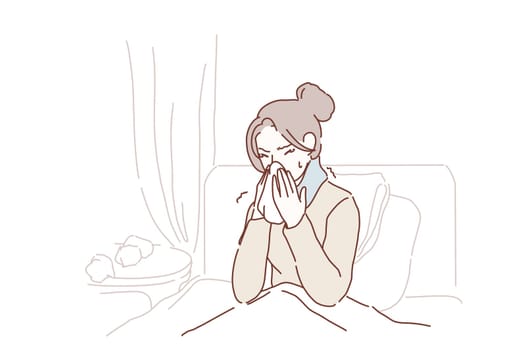 Ill young woman caught cold sneezing in tissue at home, sick allergic girl blowing wiping running nose got flu rhinitis sinusitis coughing, having seasonal allergy symptoms at workplace in bed at home or hospital. Cartoon flat Design, Isolated Vector Illustration.