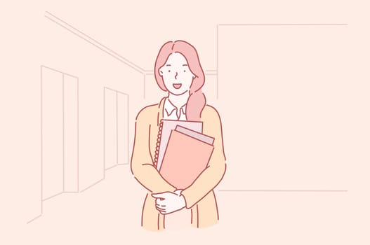 Happy young gentle pleasant teacher holds a notebook at hands at school or College. Successful businesswoman at the office. Cartoon flat Design Isolated Vector illustration
