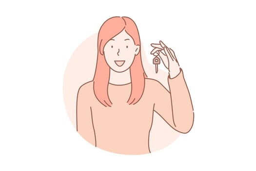Real estate, buy, apartment concept. Young smiling woman buys house and shows key from her new apartment. Happy real estate agent is presenting door keys from accommodation. Simple flat vector.