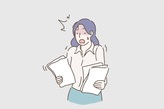Young desperate and stressed business woman working overwhelmed holding paperwork looking crazy and anxious in job crisis and stress. Emotional business lady shouting. Hard stressful workday in the office. Cartoon flat Design, Isolated Vector Illustration.