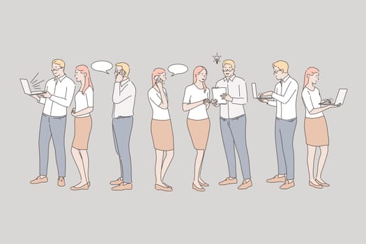 Business, communication, coworking set concept. Man and woman did teamwork and make brainstorming. Boy and girl do coworking on laptop. Business people communicate with each other. Simple flat vector