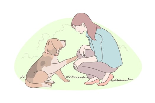 Dog training, animal adoption, charity activity concept. Smiling owner teaching pet commands, cute little puppy gives paw, young woman and adorable cub playing together outdoors. Simple flat vector