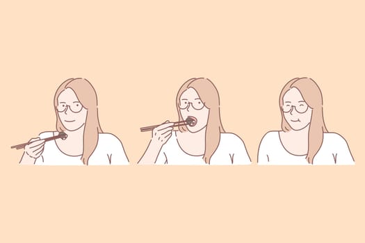 Traditional asian cuisine, seafood restaurant, japanese meal concept. Pretty girl eating sushi, lady enjoying oriental food, young woman holding chopsticks with delicious roll. Simple flat vector
