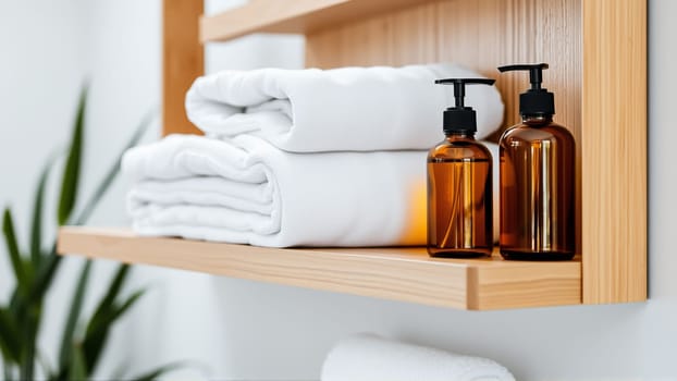Spa treatment set, wooden shelf with neatly folded towels and dispensers for soap, cream, massage oil. High quality photo