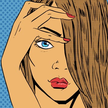 Face the girl looks beautiful pop art comics retro style Halftone. Imitation of old illustrations