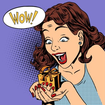 The woman is glad to get a gift wow pop art comics retro style Halftone. Imitation of old illustrations. Emotion is the reaction of the holiday
