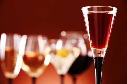 Glasses with assorted alcoholic beverages