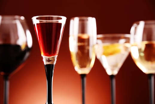 Glasses with assorted alcoholic beverages