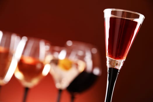 Glasses with assorted alcoholic beverages