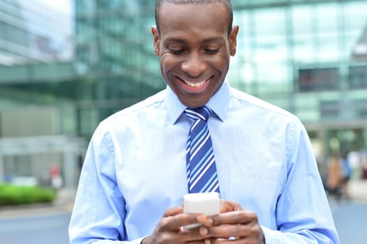 Business executive texting message on smartphone