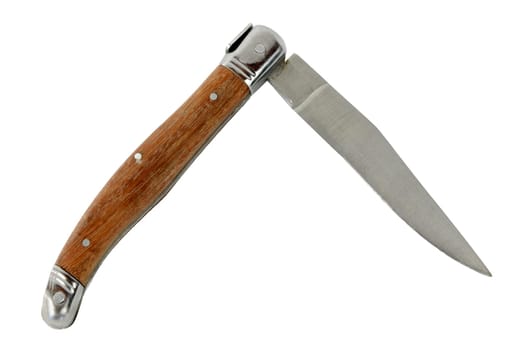 old knife with wooden handle on white