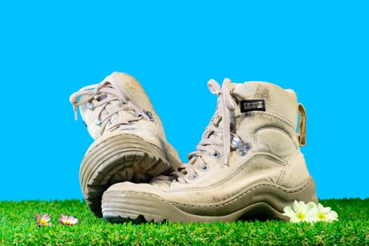 hiking shoes on grass with blue sky