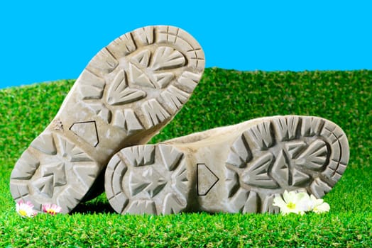 hiking shoes on grass with blue sky