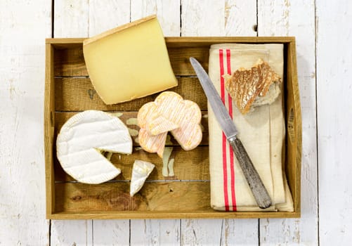 tray different french cheeses with bread