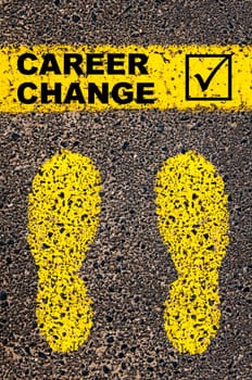 Conceptual image with yellow paint footsteps on the road in front of horizontal line over asphalt stone background. Word XXXXXXXX